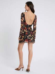 SHEIN EZwear 女士圆领长袖全花卉印花露背短款连衣裙 - 彩色 - 查看 3