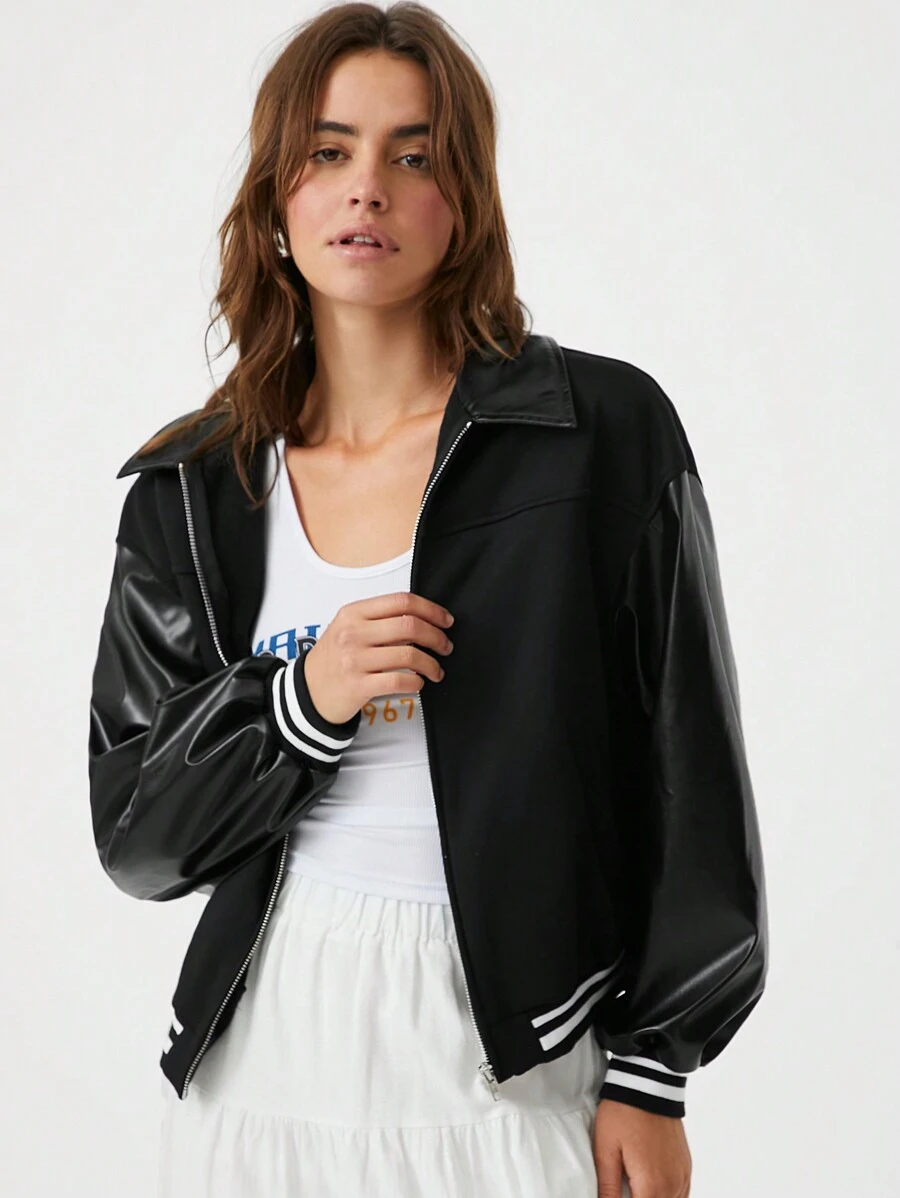 SHEIN EZwear 1 件女式休闲针织和仿皮拼接落肩条纹夹克 - 黑色 - 查看 1
