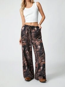 SHEIN EZwear 女士纯色前系带褶皱休闲裤，简约百搭 - 白色 - 查看 6