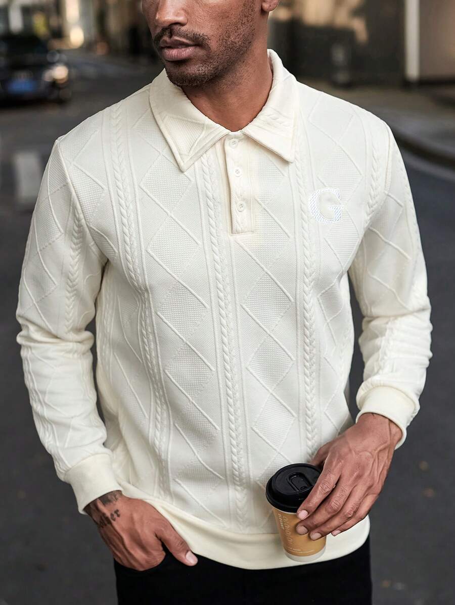 Manfinity Homme Men Solid Color Button Front Collar Casual Long Sleeve Plain Work Polo Shirt, For Husband & Daddy - Apricot - View 1