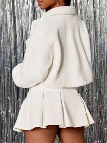 Slaydiva 2024 年新款感恩节女装，女士冬装短款白色泰迪夹克，宽翻领，人造毛皮衬里，宽松摩托车风格长袖外套，秋冬 - 白色 - 查看 7