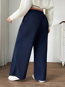SHEIN EZwear Damen Große Größen Herbst/Winter Hose mit hoher Taille und weitem Bein, locker geschnitten mit Taschen und Patches Design, geeignet für Schule, Alltag und Büro, Cord Material - marineblau - Übersicht 3