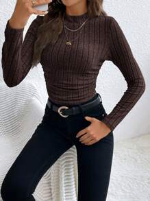 SHEIN Frenchy 1pc Women Stand Collar Long Sleeve Solid Color Minimalist Blouse, Casual For Daily Wear Winter Brown