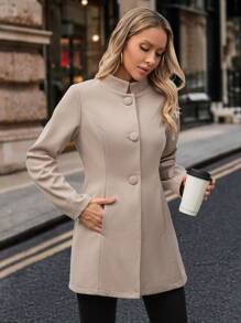 SHEIN Clasi Women Casual Thick Overcoat, Stand Collar Mid-Length Long Sleeve Jacket, Autumn/Winter