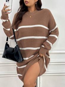 SHEIN Frenchy Plus Size Women Striped Round Neck Drop Shoulder Loose Casual Knit Sweater Dress, Autumn/Winter