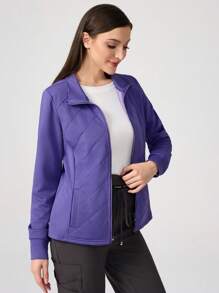TaskEZ Women's Simple Solid Color Quilted Zip-Up Front Slant Pocket Practical Work Jacket - Purple - View 3