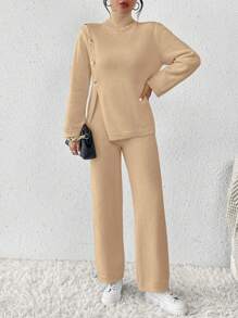 Chiquease 2pcs Solid Color Turtleneck Slit Cuff Long Sleeve Top And Pants Elegant Knitted Suit Set
