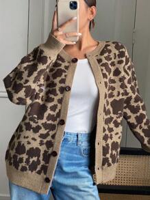 DAZY Leopard Printed & Embroidery Letter Design Women Cardigan Cheetah Print,Fall Clothes - Brown - View 4