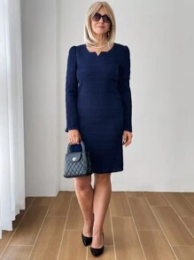 Miaspire Vestido de mujer de otoño con cuello en V con muesca, de tela texturizada azul