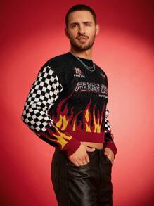 FeverCity Men's Digital Print Loose Knit Graphic Funny Pullover Long Sleeve Sweater, For Party