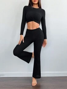 SHEIN PETITE 2 件套女式冬季休闲华夫格扭纹上衣 + 喇叭裤套装 - 黑色 - 查看 5