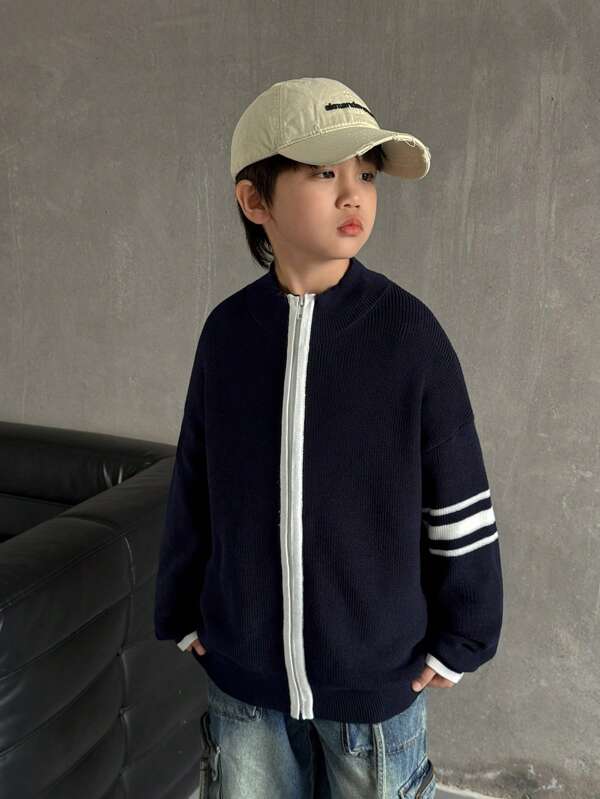 Tween Boy Kids Casual Loose Fit Thick Knit Half-Turtleneck Cardigan, Warm For Winter