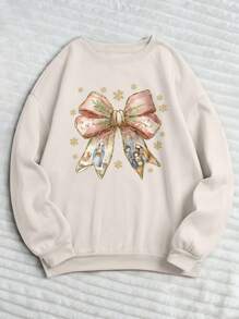 SHEIN EZwear 大码休闲圣诞蝴蝶结和雪花印花圆领羊毛运动衫，适合秋冬季 - 白色 - 查看 2