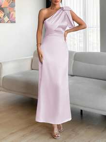 EURMUSE Chimpagne Color Tie Detail Satin Dress - Pink - View 3