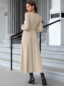 EMERY ROSE 女士圆领红色连衣裙灯笼袖罗纹紧身冬季连衣裙