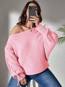 SHEIN LUNE 大码女式纯色不对称肩长袖抽绳毛衣，秋冬针织套头衫 - 粉色 - 查看 3