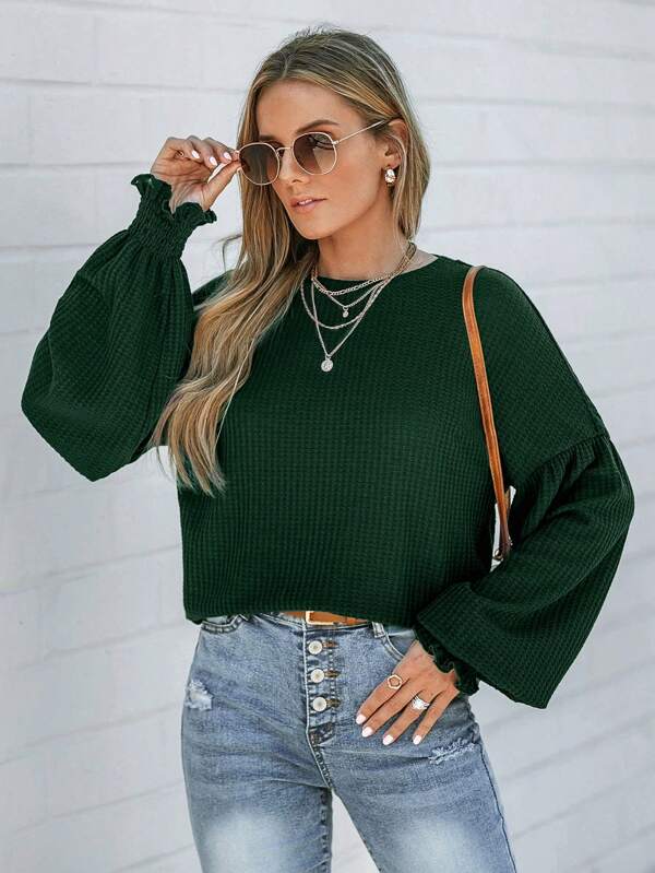 Wildy Women's Casual Home T-Shirt With Ruffle LED Lantern Sleeves Green Round Neck For Winter New Year Christmas Women's Clothing