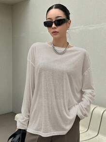 DAZY 纯色宽松长袖圆领女式上衣学院风上衣 - 杏色 - 查看 4