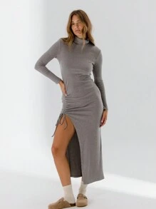 Aralina Vestido largo de punto acanalado de manga larga con abertura alta y cordón ajustable - Gris - Ver 8