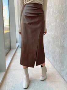 DAZY Solid Color PU Slit Asymmetric Pleated Women Skirt,Pencil Skirt,Fall Clothes Leather Skirt Winter Women Skirts