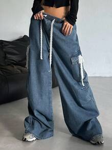 DAZY 女式做旧洗水宽松高腰阔腿牛仔裤 - 藍色 - 查看 8