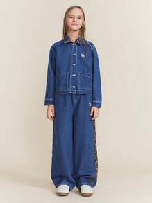 SHEIN Tween Girl Leopard Print Letter Embroidery Pocket Front Button Long Sleeve Denim Jacket For Autumn/Winter