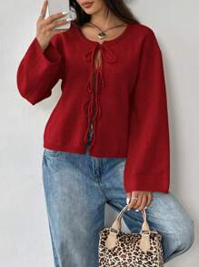 SHEIN EZwear Casual Colorblock Black & White Striped Lace-Up Sweater, Autumn/Winter Knotted Long Sleeve Cardigan, Commute, Minimalist, Office Wear, Old Money, Simple, Women's Tie Front Belt Solid Color Knitwear Sweater Cardigan, Can Be Worn Over A T-Shirt,Long Sleeve Tops,Tops For School In Fall/Winter - Burgundy - View 5