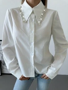 Aloruh 女士白色水钻链条衬衫，适合派对、圣诞节和万圣节 - 白色 - 查看 4