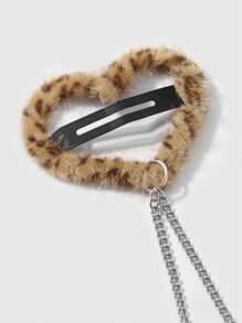 ROMWE Kawaii 2 件 Y2K 复古可爱时尚学院风毛球、星星链、豹纹、心形发夹、刘海夹，适合女性、日常佩戴、节日礼物情人节爪夹发夹 - 棕色 - 查看 10