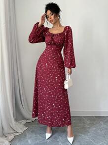 Mulvari Women Casual Ditsy Floral Lantern Sleeve Dress, Autumn For New Year Clothes Maxi Women Outfit