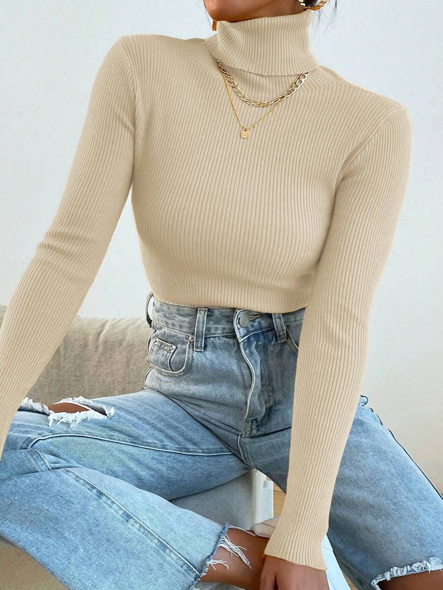 Mulvari Solid Color High Neck Slim Fit Casual Pullover Sweater Knit Pullover Fall Winter - Apricot - View 1