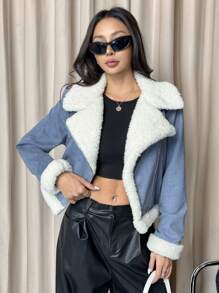 SHEIN EZwear Teddy Lined Open Front Suedette Moto Black Jacket - Blue - View 5