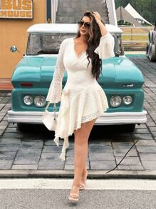 Celure Vestido de encaje con volantes, cuello en V y mangas acampanadas, nuevo lanzamiento de otoño/invierno en talla grande