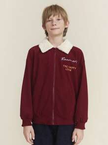 SHEIN Tween Boy Deep Red Colorblock Zipper Front Shirt Collar Long Sleeve Letter Graphic Corduroy Jacket, Autumn/Winter