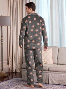 CoupledUp Conjunto de pijama para hombre de manga larga con estampado de oso y pantalones, con cuello abierto y de felpa