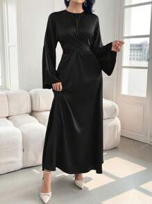 Modelyn 勃艮第红色女士纯色缎面优雅收腰连衣裙，优雅晚会礼服长款晚礼服 - 黑色 - 查看 7