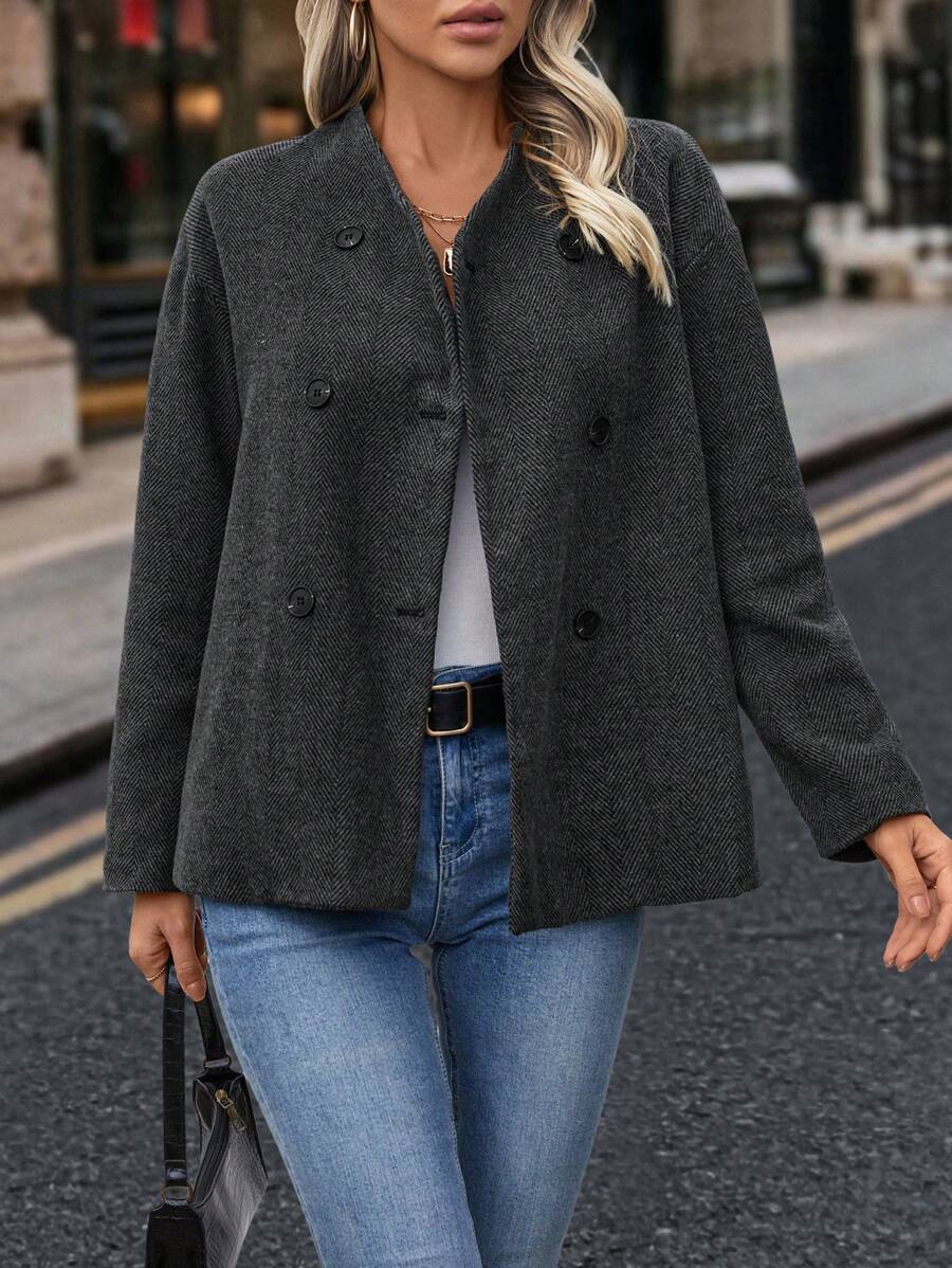SHEIN Clasi Women's Autumn/Winter H-Shaped Short Overcoat With Double-Breasted Herringbone Design Fall Cloth For Women - Dark Grey - View 1