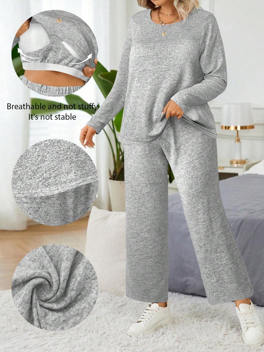 Calvaya Plus Size 2pcs/Set Fitted Casual Warm Long Sleeve Top With Built-In Padded Bra And Pants Set, For Winter - Grey - View 1
