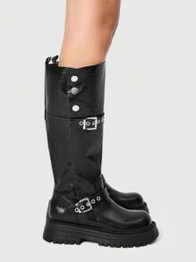 ROMWE Grunge Punk Giày bốt cao đến đầu gối đế xuồng bằng da màu đen có dây khóa, giày bốt cưỡi ngựa cao đến đầu gối theo phong cách Gothic dành cho phụ nữ vào dịp Giáng sinh và năm mới, mùa thu và đông - màu đen - Xem 3