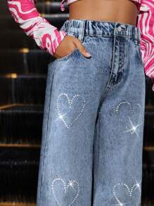 SHEIN Explorewe Quần Jeans Denim Cao Cấp In Hình Trái Tim Cho Bé Gái - Rửa nhẹ - Xem 5