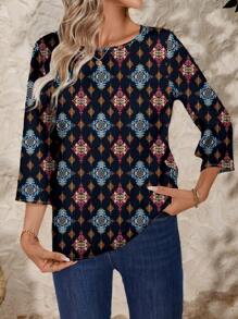 EMERY ROSE 女士休闲复古花卉印花宽松圆领长袖衬衫，夏季 - 彩色 - 查看 4