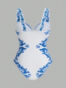 Swim Oasis 1pc Luxurious Boho Floral Print Ruffle Sleeve Premium 2 Pieces Swimsuit Set Summer - Blue and White - View 6