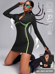 Innovista Váy thể thao ngắn tay dài bó sát có khóa kéo nửa thân dành cho nữ, váy tennis - màu đen - Xem 4