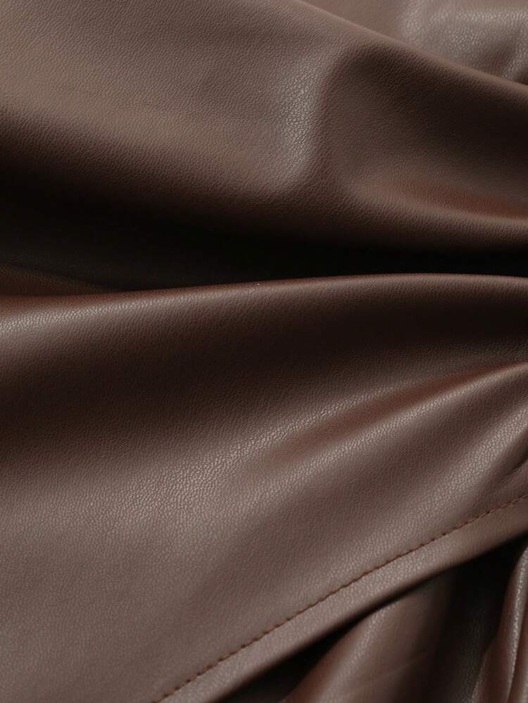Solid Color PU Slit Asymmetric Pleated Women Skirt,Pencil Skirt,Fall Clothes Leather Skirt Winter Women Skirts