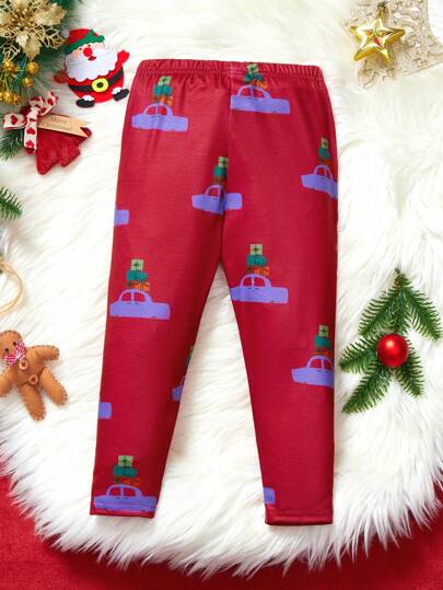 SHEIN Leggings ajustados con estampado de coche navideño rojo, de cintura elástica, para niña, uso casual en otoño/invierno