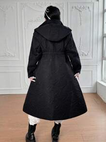 Lyrianda Plus Size Winter Mock Neck Floral Print Hooded Long Padded Coat With Bowknot , Pockets And A-Line Silhouette - Black - View 2