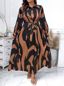 SHEIN Unity 大码女式全印花长袖长款休闲衬衫裙，秋季长款女装