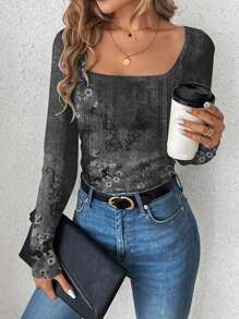 SHEIN LUNE 秋冬新款花卉印花修身方领长袖T恤，休闲时尚机场女装 - 深灰色 - 查看 6