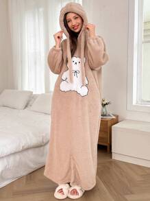 Cute Bear Embroidered Oversized Snap Button Front Jumpsuit Fluffy For Women, For Fall Winter - Khaki - View 4