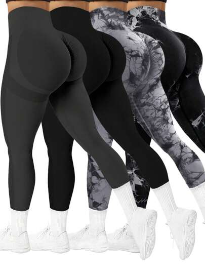 Easithlete 4 piezas Leggings sin costuras de cintura alta con pliegues para mujer, pantalones elásticos para uso diario, pantalones de yoga